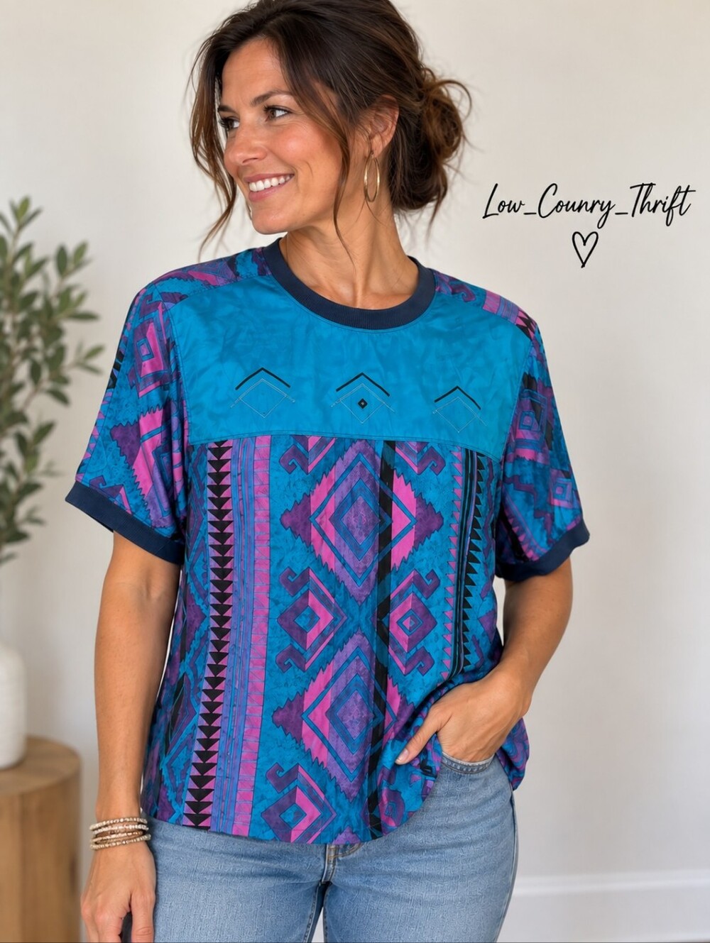 Vintage Diane Gilman 100% Silk Top M Tribal Geometric 90s Boho